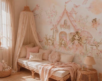 Fairy Wallpaper Mural | Girls Room Wall Decor | Pastel Pink Nursery Wallpaper | Woodland Fairy Wall Mural | Kids Bedroom Decor