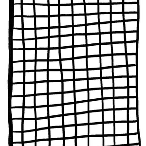 May include: A rectangular graphic illustration featuring a hand-drawn black grid pattern on a white background. The grid consists of uneven, slightly wavy vertical and horizontal lines that form a series of square and rectangular shapes throughout.