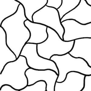 Op de afbeelding: Abstract zwart-wit patroon. Het ontwerp bevat onregelmatige, organische vormen omlijnd door dikke zwarte lijnen tegen een witte achtergrond. De vormen doen denken aan puzzelstukjes of een gefragmenteerd landschap.