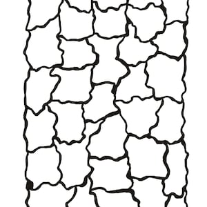 May include: A black and white abstract design. The image features a pattern of irregular, interconnected shapes outlined in black against a white background. The shapes resemble puzzle pieces or cracked tiles.