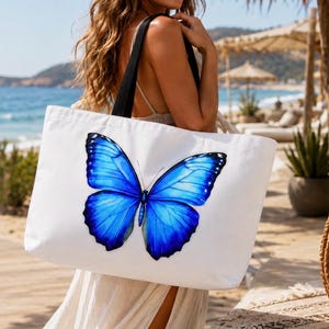 Blue Butterfly Beach Bag, Large Summer Tote Bag, Coastal Beach Tote, Butterfly Lover Gift,  Vacation Bag, Pool & Travel Tote for Women
