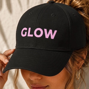 GLOW Black Baseball Cap | Trendy Pink Letter Hat | Minimalist Aesthetic Dad Cap | Adjustable Women’s Cap | Cute Casual Streetwear Hat