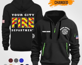 Gepersonaliseerde naam brandweerman hoodie met kwartrits (AOP)