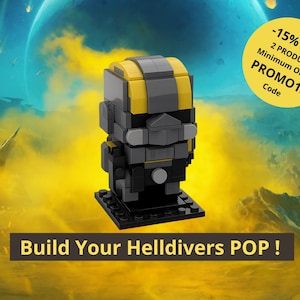 May include: A block-style figure constructed from small plastic bricks, featuring a helmet with yellow and dark gray panels, a dark gray torso, and a black base. The text "Build Your Helldivers POP !" is displayed below, with a yellow circular badge stating "-15% OFF 2 PRODUCT Minimum Order PROMO15 Code".