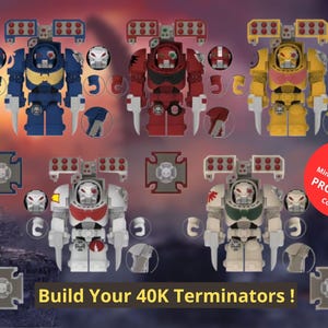 May include: Five customizable toy soldier figures in blue, red, yellow, white, and cream armor with shoulder-mounted missile launchers and claw attachments. Each figure includes interchangeable heads and limbs. Text reads: Build Your 40K Terminators!