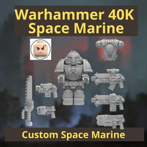 May include: A light gray plastic construction toy figure of a Warhammer 40K Space Marine with a separate head, torso, backpack, and various weapons including a chainsword, bolt pistols, and rifles. The text reads Warhammer 40K Space Marine.