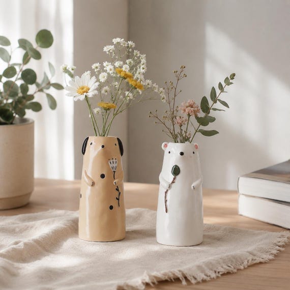 Handmade Cermaic Bear and Dog Flower Vase, Ceramic Animal Vase, Whimsical Home Decor Gift