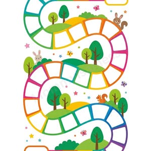 Può includere: Un design colorato e stravagante di gioco da tavolo con un percorso tortuoso e caselle quadrate. Il percorso è delimitato da una sfumatura arcobaleno e decorato con alberi dei cartoni animati, colline, farfalle, stelle e animali del bosco.