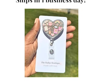 Pink Heart Nurse Badge Reel | Glitter Resin Medical ID Holder | RN LPN Badge Clip