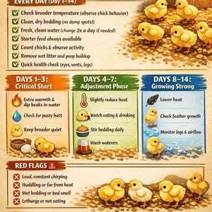 May include: A detailed checklist for the first 14 days of chick brooding, featuring illustrations of yellow chicks. The guide provides daily, and phase-specific instructions, including temperature checks, water changes, and health monitoring. Includes red flags and a pro tip.