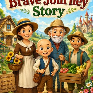 Op de afbeelding: Een boekomslag getiteld Jack's Brave Journey Story met een gezin van vier in een landelijk landschap met een huisje en een kasteel. De tekst bevat Kindness, Honesty, Hard Work, Never Give Up en Created with love by Little Joy Books.