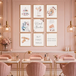 May include: A set of nine framed wall art prints featuring nail salon themes, including illustrations of nail polish bottles, manicured hands, and text such as Nail Studio, But First, Nails, and Good Nails, Good Mood, displayed on a pink wall.