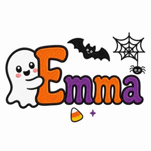 May include: An embroidery design featuring the name Emma in orange and purple bubble letters. A white ghost with pink cheeks hugs the letter E. A black bat, a spider on a web, a piece of candy corn, and a small purple star accent the design.