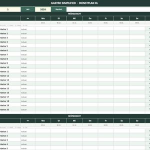 May include: A digital spreadsheet template titled GASTRO SIMPLIFIED - DIENSTPLAN XL for the year 2026. The document features a structured grid for employee scheduling, divided into morning and evening shifts with columns for names, dates, and hours.