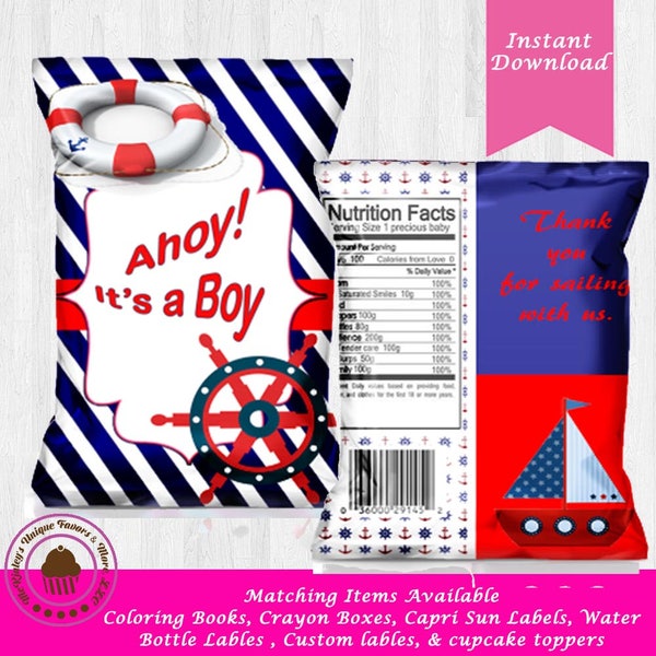 Ahoy It's a Boy Chip Bags-Custom Chip Bags- Favor Bags-Instant Download Chip Bags-Nautical-Custom Favor Bags