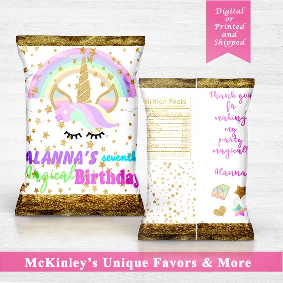 Printable Custom Chip Bags Unicorn Favor Bags Digital Unicorn Party Printed Character Favors Unicorn Chip Bag Unicorn Paper Party Supplies Party Favors Games