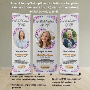 Plantilla para pancarta enrollable conmemorativa DIY, editable en Canva, pancarta enrollable para funeral, letrero retráctil para celebración de la vida (descarga digital)