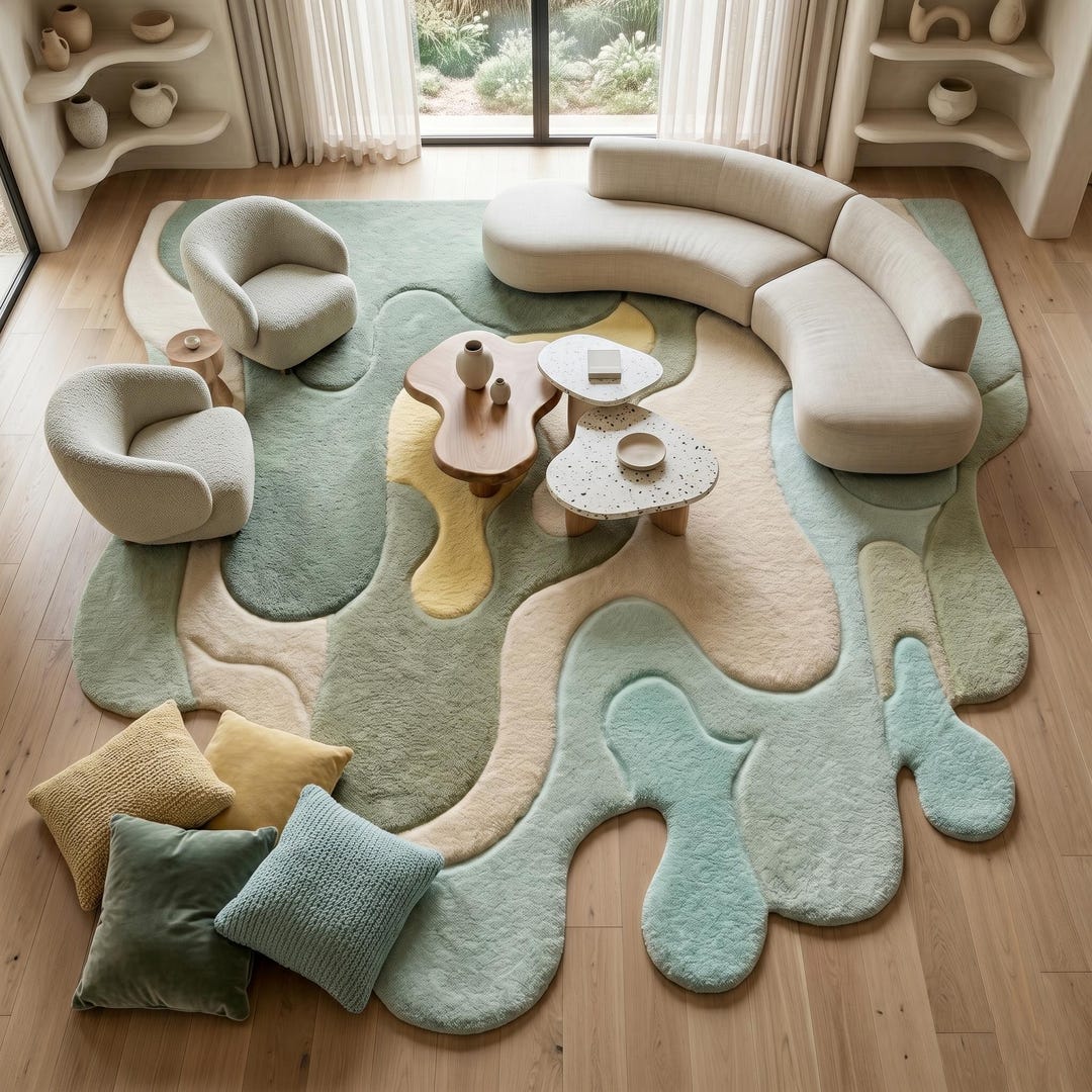 Sage Green Abstract Hand Tufted Wool Rug: Organic Shape Modern Carpet ...