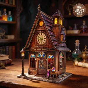 May include: A wooden model kit of a building labeled Time Magic Store, featuring a large clock face, stained glass windows, a street lamp, and a small table with a crystal ball. The structure has a peaked roof and illuminated interior details.