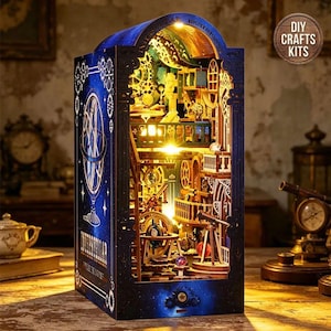 May include: A detailed wooden DIY craft kit of a miniature interstellar scene, illuminated with warm lights. The blue exterior features celestial designs and the text "INTERSTELLAR". The kit includes miniature gears, telescopes, and architectural details.