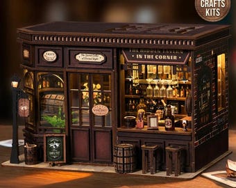 DIY Dollhouse Kit Corner Tavern Miniature House Wine Shop 3D Diorama Scenery Adult Crafts