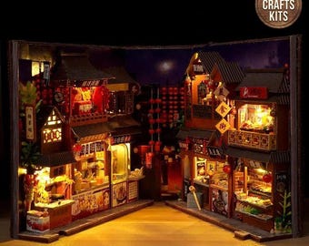 DIY Book Nook Kit Chinese Food Street Bookshelf Insert 3D Diorama Scenery Adult Crafts