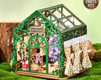 DIY Dollhouse Kit Pet Paradise Miniature House Cat Cafe 3D Diorama Scenery Adult Crafts