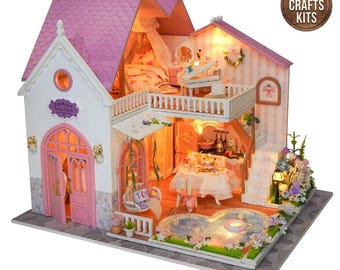 DIY Dollhouse Kit Fairytale Villa Miniature House Pink Princess Cottage 3D Puzzle Adult Crafts