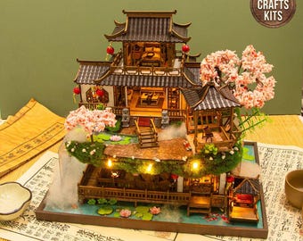 DIY Dollhouse Kit Smokey Mansion Miniature House Japanese Sakura Treehouse 3D Puzzle Adult Crafts