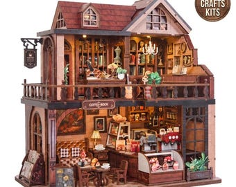 DIY Dollhouse Kit Norren Book Cafe Miniature House Coffee Shop 3D Puzzle Adults Crafts