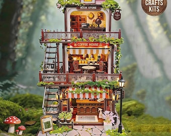 DIY Dollhouse Kit Time-Layered Book Cafe Miniature House Bookstore 3D Diorama Scenery Adult Crafts