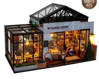DIY Dollhouse Kit Vazone Coffee Miniature House Garden House Cafe Diorama Scenery Adult Crafts