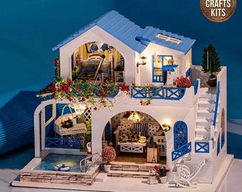 DIY Dollhouse Kit Blue Sea Villa Miniature House Swimming Pool 3D Puzzle Adults Crafts