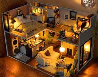 DIY Dollhouse Kit Modern Loft Miniature House Living Apartment 3D Puzzle Duplex Villa Crafts