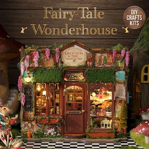 May include: A miniature dollhouse shop with the text "Fairy-Tale Wonderhouse" and "Once Upon A Time... Dollhouse Shop". The shop is decorated with flowers, greenery, and miniature items. The DIY craft kit includes a variety of small details.
