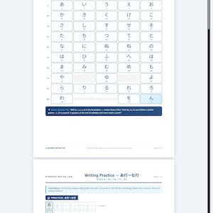 May include: A white printed sheet with Japanese Hiragana characters for writing practice. The sheet includes a reference chart and practice boxes for tracing and writing. The text "NIHONGO NATIVE LAB" is at the top and bottom.