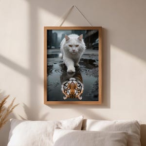 May include: Framed art print featuring a white cat walking in a puddle, with a tiger's reflection below. The cat has yellow eyes and is set against a blurred urban background. The frame is a light brown color.