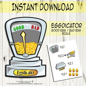 Puede incluir: Una descarga digital imprimible de una escala de huevo bueno/huevo malo. La escala es una ilustración de dibujos animados de una máquina de pesaje con una aguja que apunta a "bueno" o "malo". La descarga incluye cuatro archivos, cada uno con una imagen diferente de huevos.