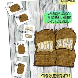 May include: Printable DIY craft template for two burlap sugar sacks. The template includes five files for printing on standard letter-sized paper. Once assembled, the sacks measure approximately 14 inches in height.