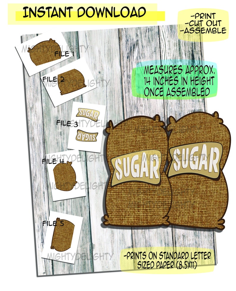 May include: Printable DIY craft template for two burlap sugar sacks. The template includes five files for printing on standard letter-sized paper. Once assembled, the sacks measure approximately 14 inches in height.