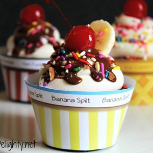 Kombipackung mit verschiedenen Eiscreme-Cupcake-Wrappers - Hot Fudge Eisbecher, Bananensplit, Eistüte Cupcake-Wrappers