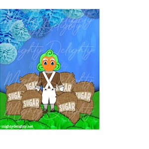 May include: A cartoon illustration of a green-haired character wearing a brown vest and white pants standing in front of a pile of brown burlap sacks labeled "Sugar". The background is a blue sky with white fluffy clouds.
