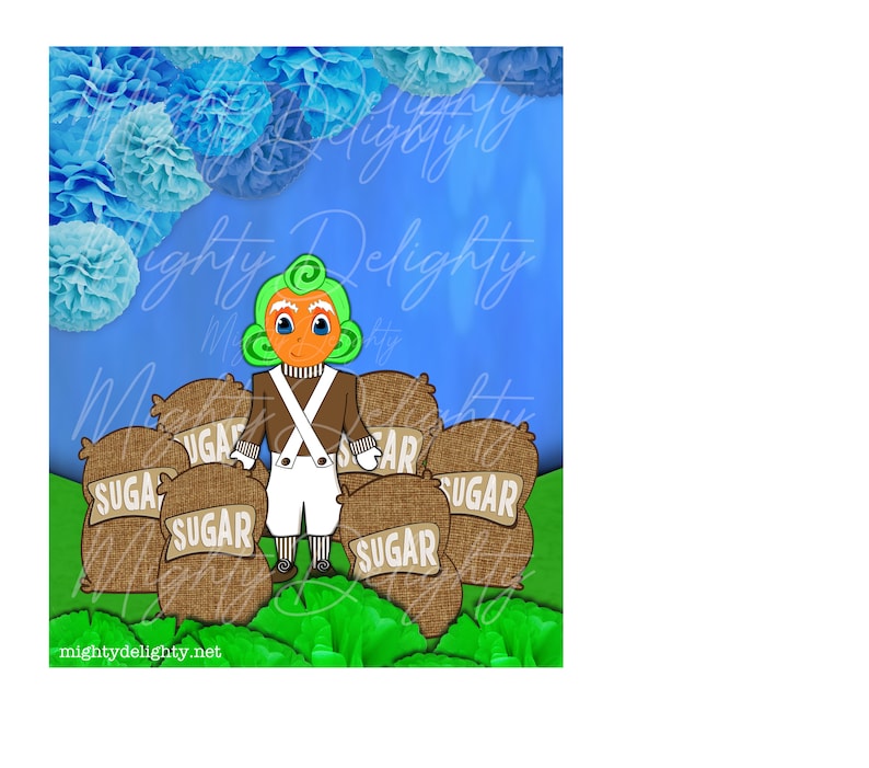 May include: A cartoon illustration of a green-haired character wearing a brown vest and white pants standing in front of a pile of brown burlap sacks labeled "Sugar". The background is a blue sky with white fluffy clouds.