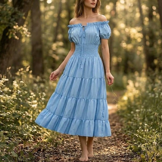 Medieval Peasant Dress Off Shoulder, Cottagecore Maxi Dress, Renaissance Dress Women, Boho Tiered Dress, Fantasy LARP Outfit