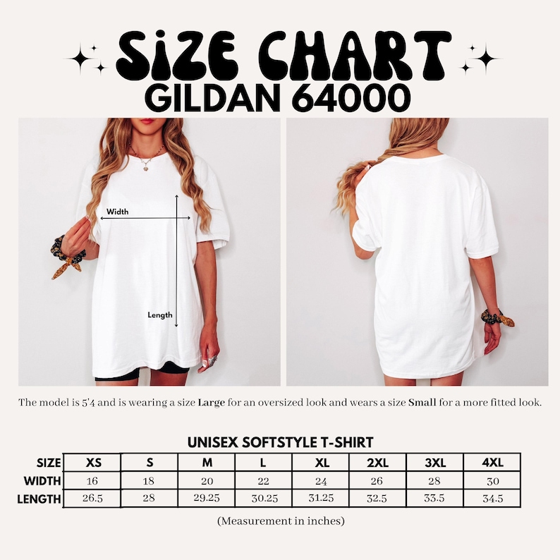 May include: A white Gildan 64000 unisex softstyle t-shirt size chart. The image displays a front and back view of a white t-shirt with width and length measurement lines. A table lists sizes XS to 4XL with width and length measurements in inches.
