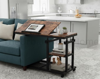 Height Adjustable C Table Mobile Side Table with Tilting Top