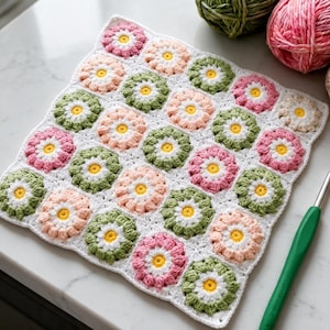 30 Square Flower Granny Square Crochet Blanket Pattern, 5x6 Floral Afghan Layout, Pastel Daisy Motif, PDF Instant Download