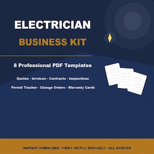 Op de afbeelding: Een marineblauwe afbeelding met de woorden "ELECTRICIAN BUSINESS KIT" in wit en goud. De afbeelding bevat 8 PDF-sjablonen voor offertes, facturen, contracten, inspecties, vergunningtrackers, wijzigingsopdrachten en garantiekaarten. De tekst "DIRECT DOWNLOADEN - PRINT OF DIGITAAL INVULLEN - ALLE APPARATEN" staat onderaan.