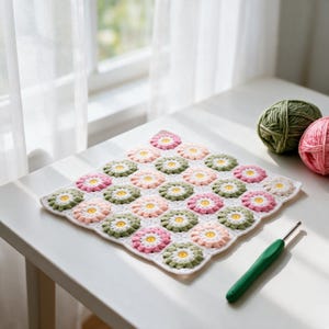 May include: A square crochet blanket made of joined floral motifs in shades of sage green, soft pink, and white, each featuring a bright yellow center. A green crochet hook lies nearby, alongside two balls of yarn in sage green and pink.