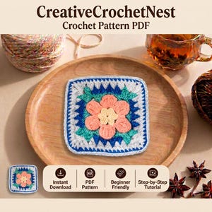 Granny Square Pattern Crochet Beginner Flower Motif Afghan Blanket Square Tutorial Pdf Download Instant Digital Guide Dimensional Coral Pink